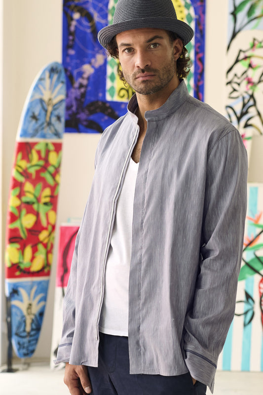 NEU: Menardo - Stehkragenhemd mit Seide - feingestreift mit Reißverschluss