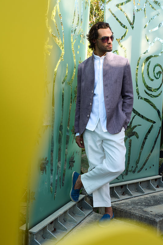 Salassi - Stehkragensakko aus Leinen in Doubleface-Optik