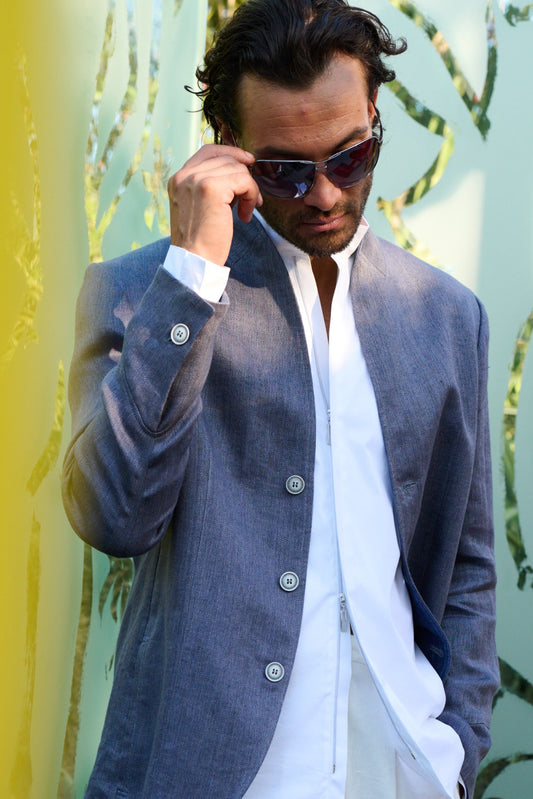 Salassi - Stehkragensakko aus Leinen in Doubleface-Optik