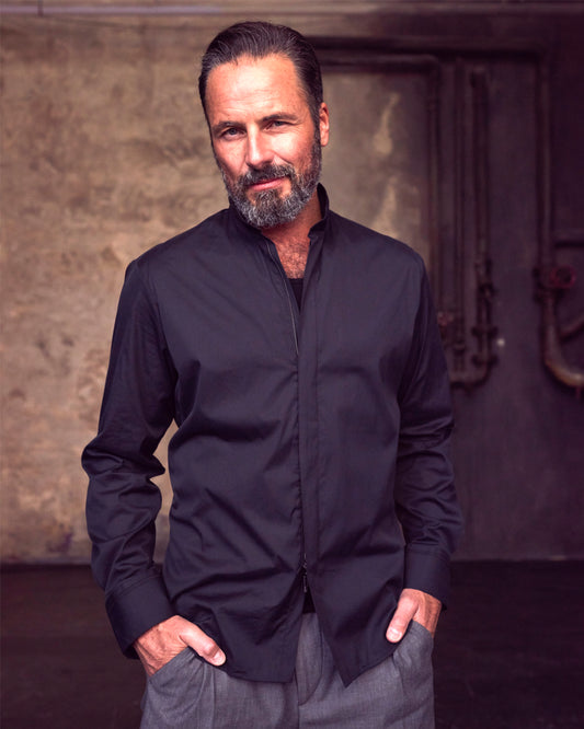 Montand - Stehkragenhemd schwarz mit Reißverschluss