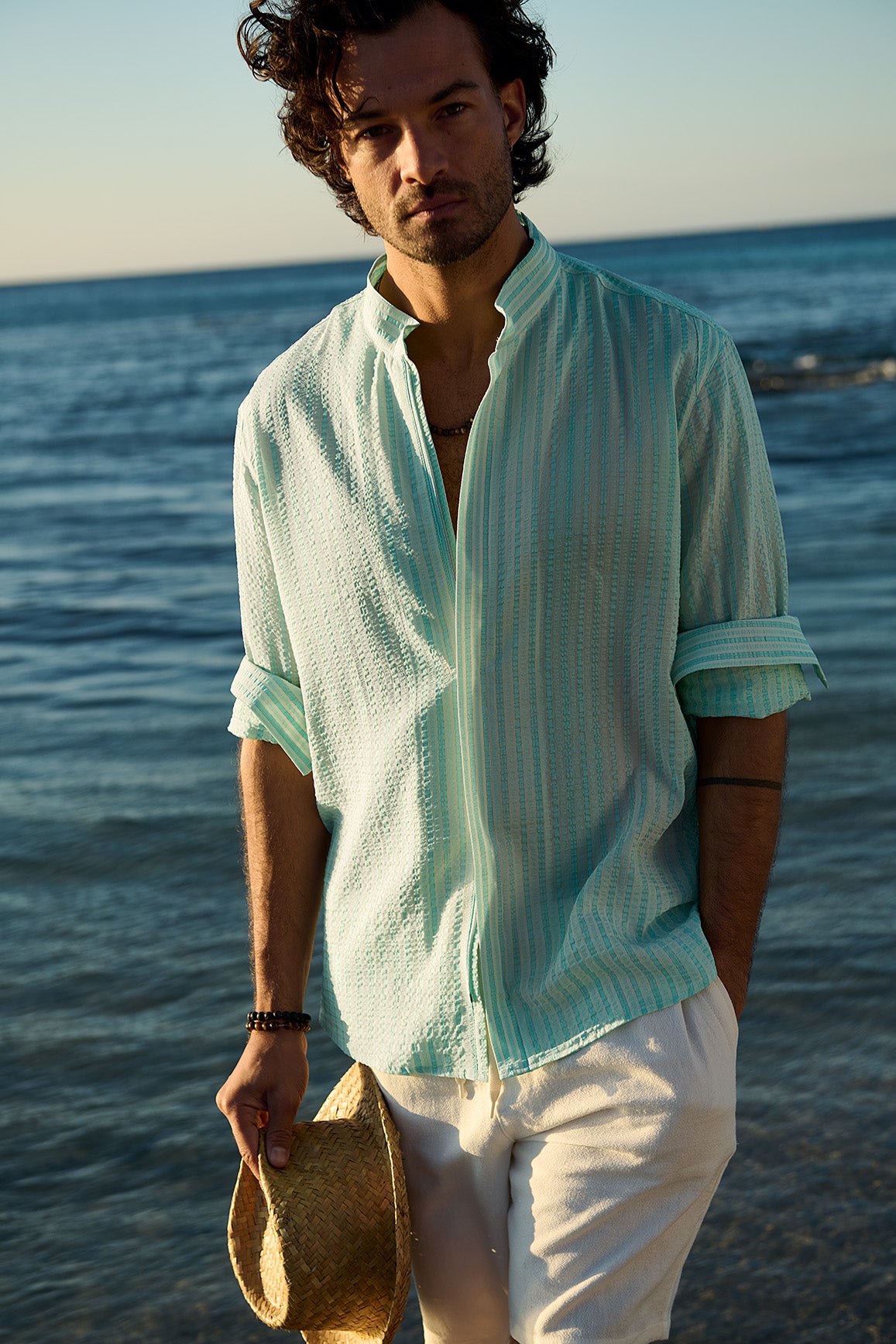 NEU: Farnese - seidiges Stehkragenhemd mit Reissverschluss in Türkis