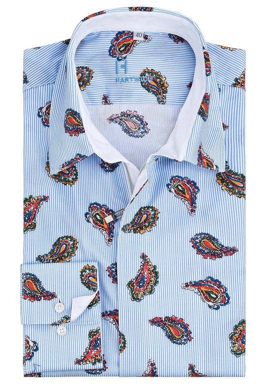 Boteh – Reißverschlusshemd hellblau mit buntem Paisleymuster